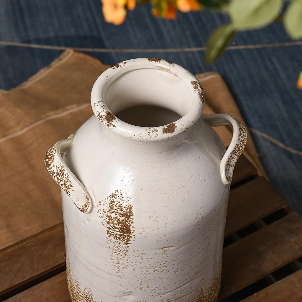 Ceramic Rustic Farmhouse Vase, 14 Inch Distressed Decorative Flower Vase Decor, Large White Vase Bedroom Kitchen