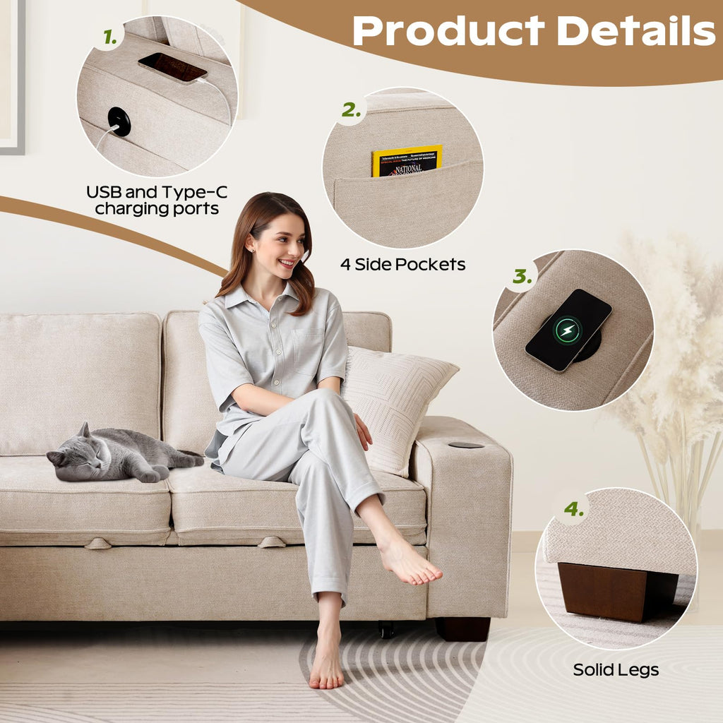 99" Convertible Sleeper Sofa Bed, L Shaped with Storage Chaise Pull Out Couch, USB and Type-C, Removable Washable