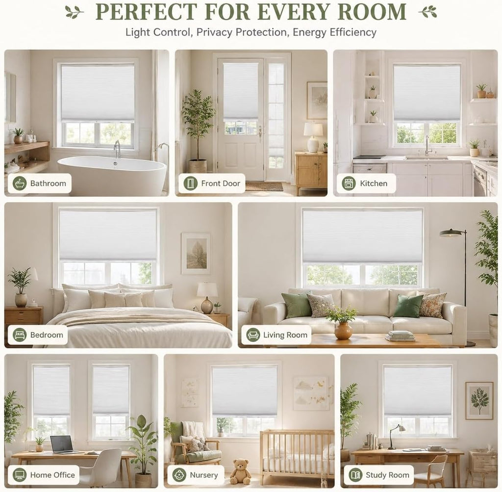 No Drill Blackout Cellular Shades, Cordless Honeycomb Blinds, Black Out Blinds for Indoor Windows, Heat Blocking