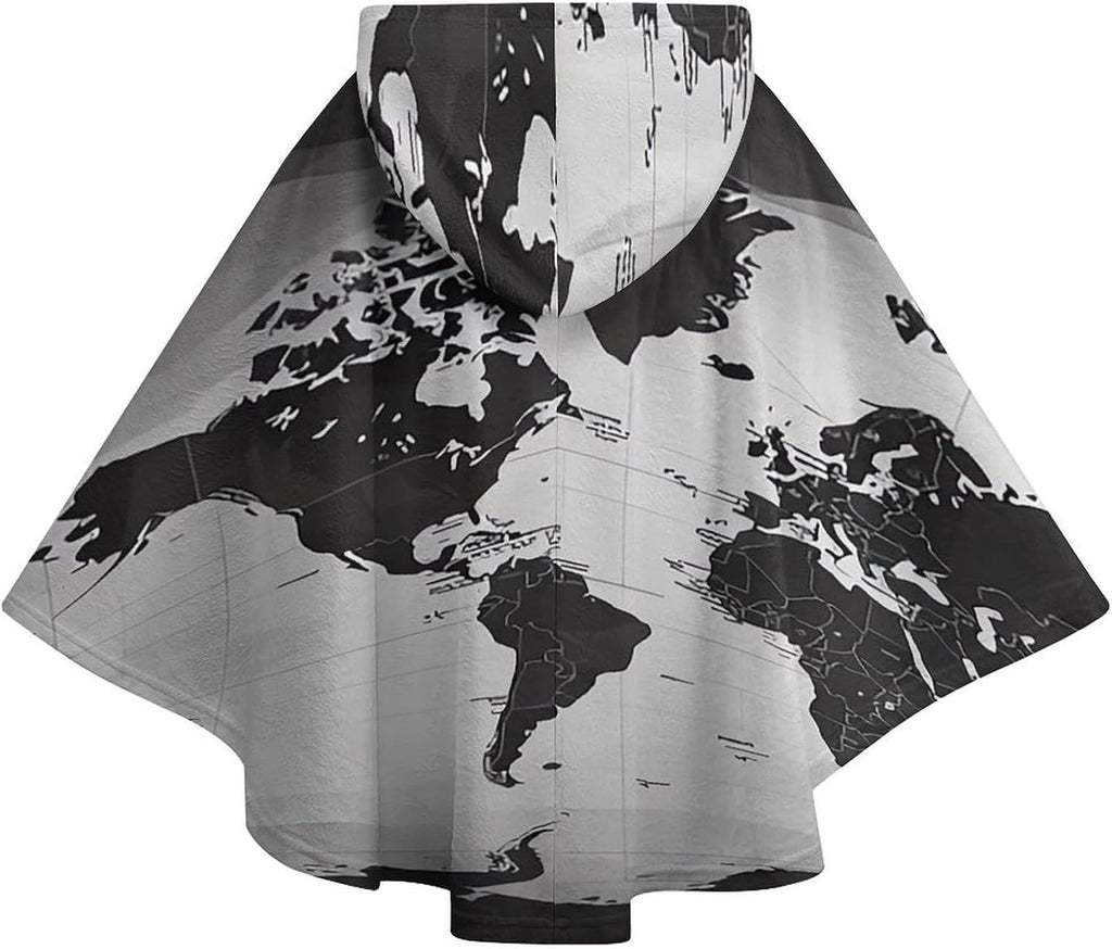 Black And White World Map Wearable Blanket Hoodie Flannel Hooded Blanket | Sweatshirt Oversized Cozy Sweater Gift