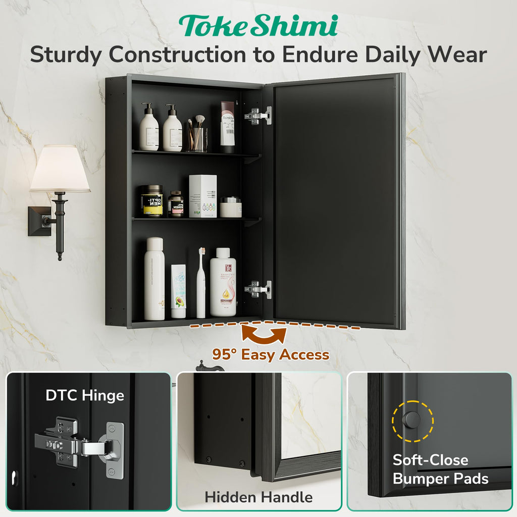 14 x 18 Recessed Medicine Cabinet, Assembly Required, Black Bathroom Medicine Cabinet with Mirror, Stepless