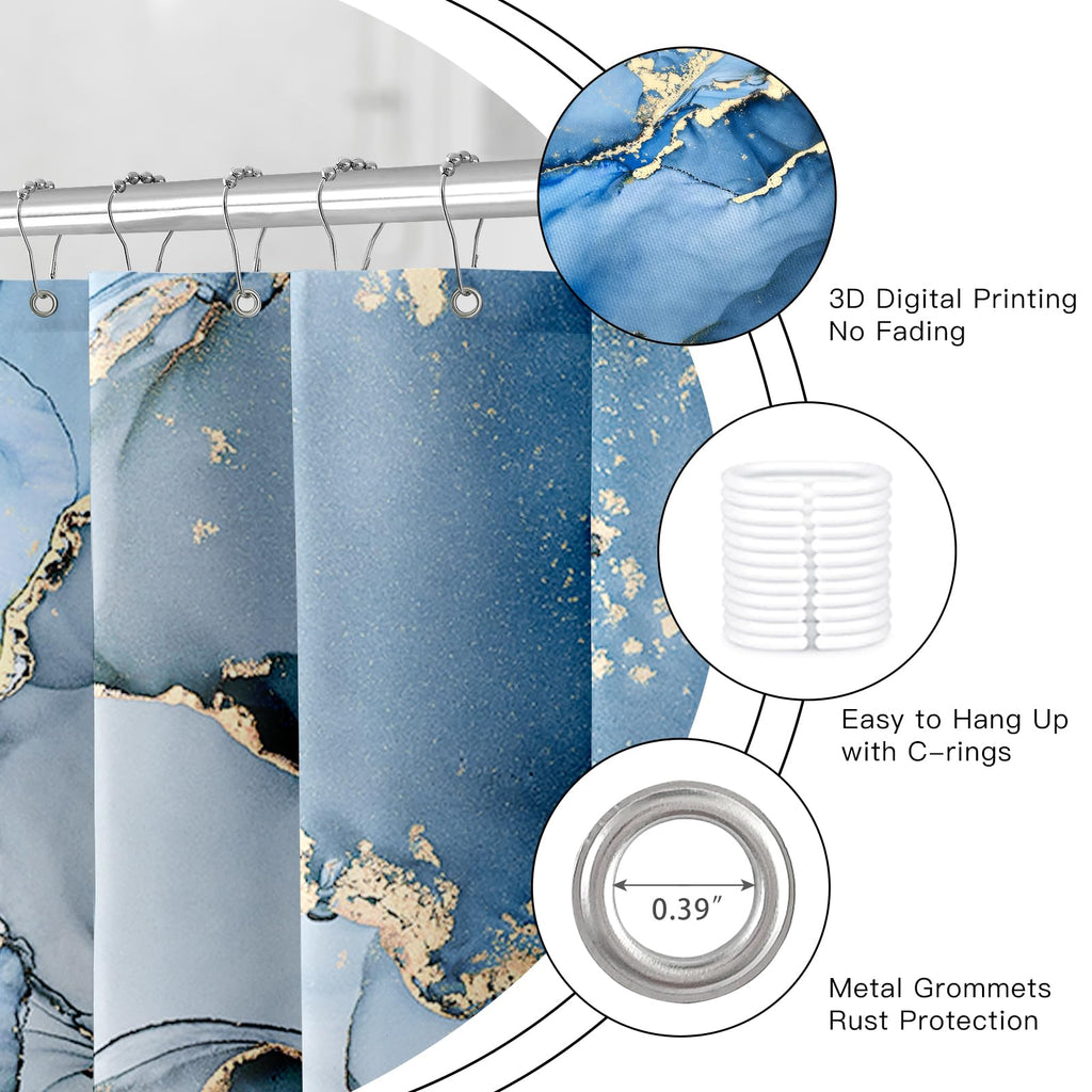 Extra Wide Marble Shower Curtain 108 x 72 for Claw Foot Tub, Blue