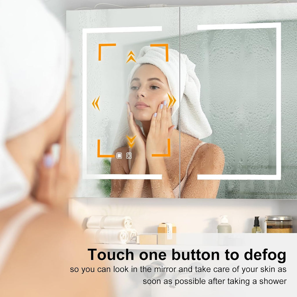 Lighted Medicine Cabinet with 2 Doors,Large Led Medicine Cabinet with Mirror,Anti-Fog, Wall-Mounted Bathroom Mirror