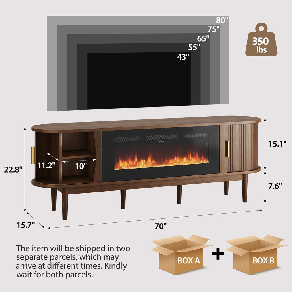 70′′ Fluted Fireplace TV Stand for 80′′ TVs, Entertainment Center with Fluted Sliding Tambour Doors & Adjustable