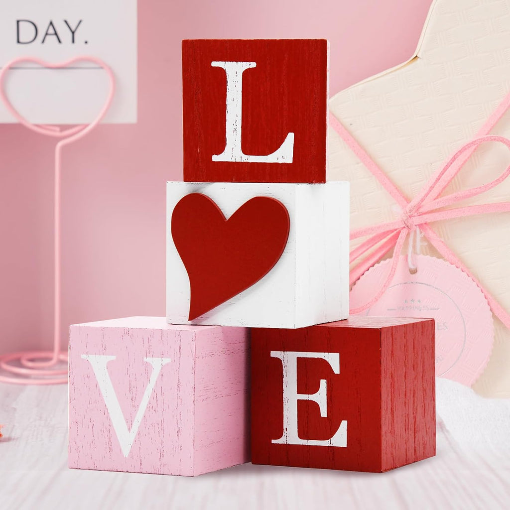 Valentines Day Decorations Love Signs, 3D Heart Wooden Sign Rustic Valentines Day Table Decor Farmhouse Tiered Tray - Set of 4