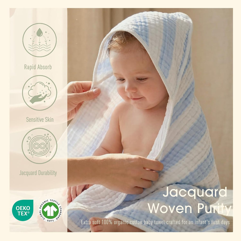 Organic Muslin Hooded Baby Bath Towel 4pc for Newborn - Blue Stripe