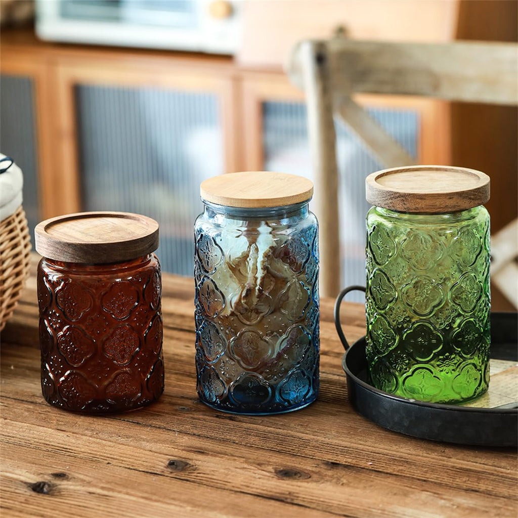 2-Pack 34 oz Green Glass Storage Jars, Begonia Pattern, Airtight Wood Lids