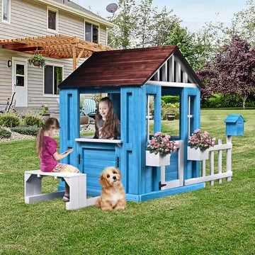 Playhouse for Kids Wooden, Play House for Kids Ages 3-8,with Play Kitchen, Half Door, Windows (Blue)