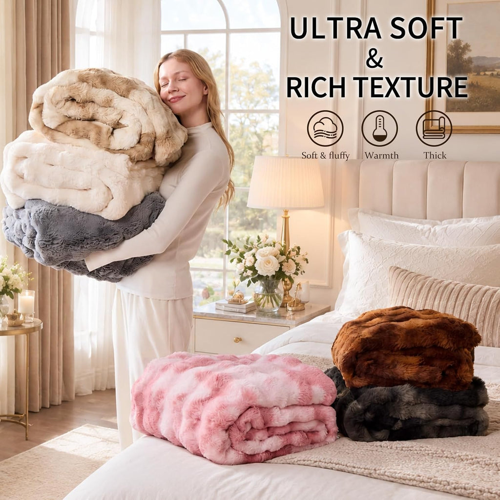 Bubble Faux Fur Twin Blanket for Couch, 60x80 Cream | Luxury Plush Fluffy Thick Blanket, Warm Soft Fuzzy Throw for