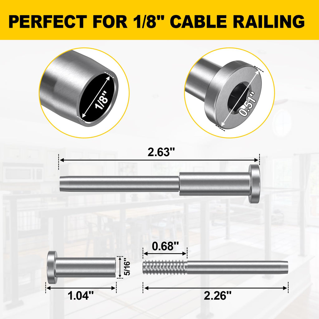 100 Pack 1/8" Invisible Cable Railing Kit, Stainless Swage Tensioner Sliver