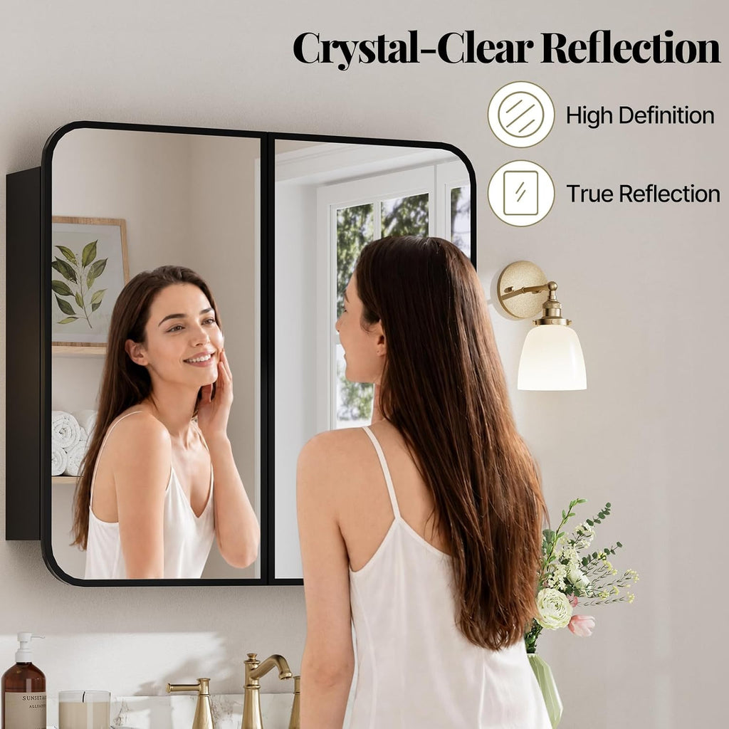 32x30 Inch Medicine Cabinet with Mirror, Rounded Corner, Double Door, Black | Fully Assembled, Recessed or Surface