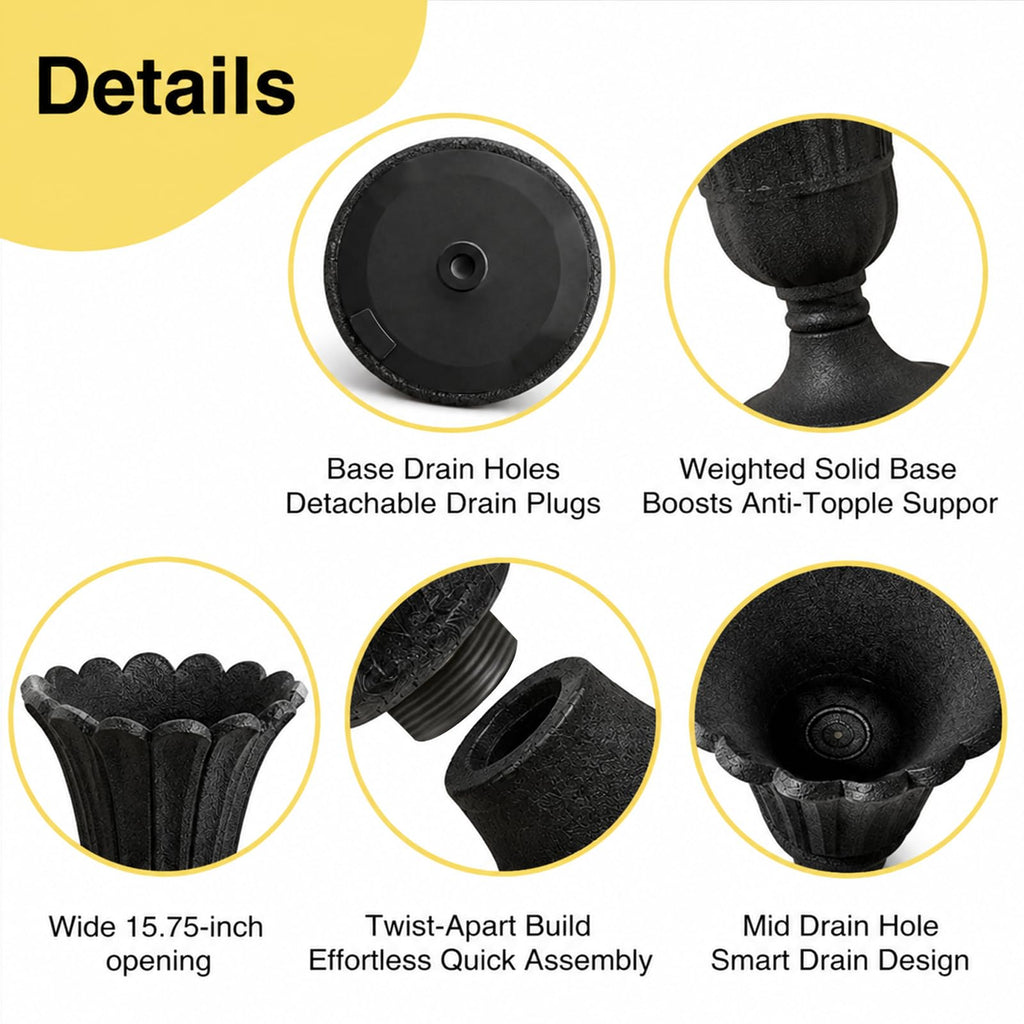24" Tall Urn Planters for Outdoor Plants Set of 2 - Black Petal