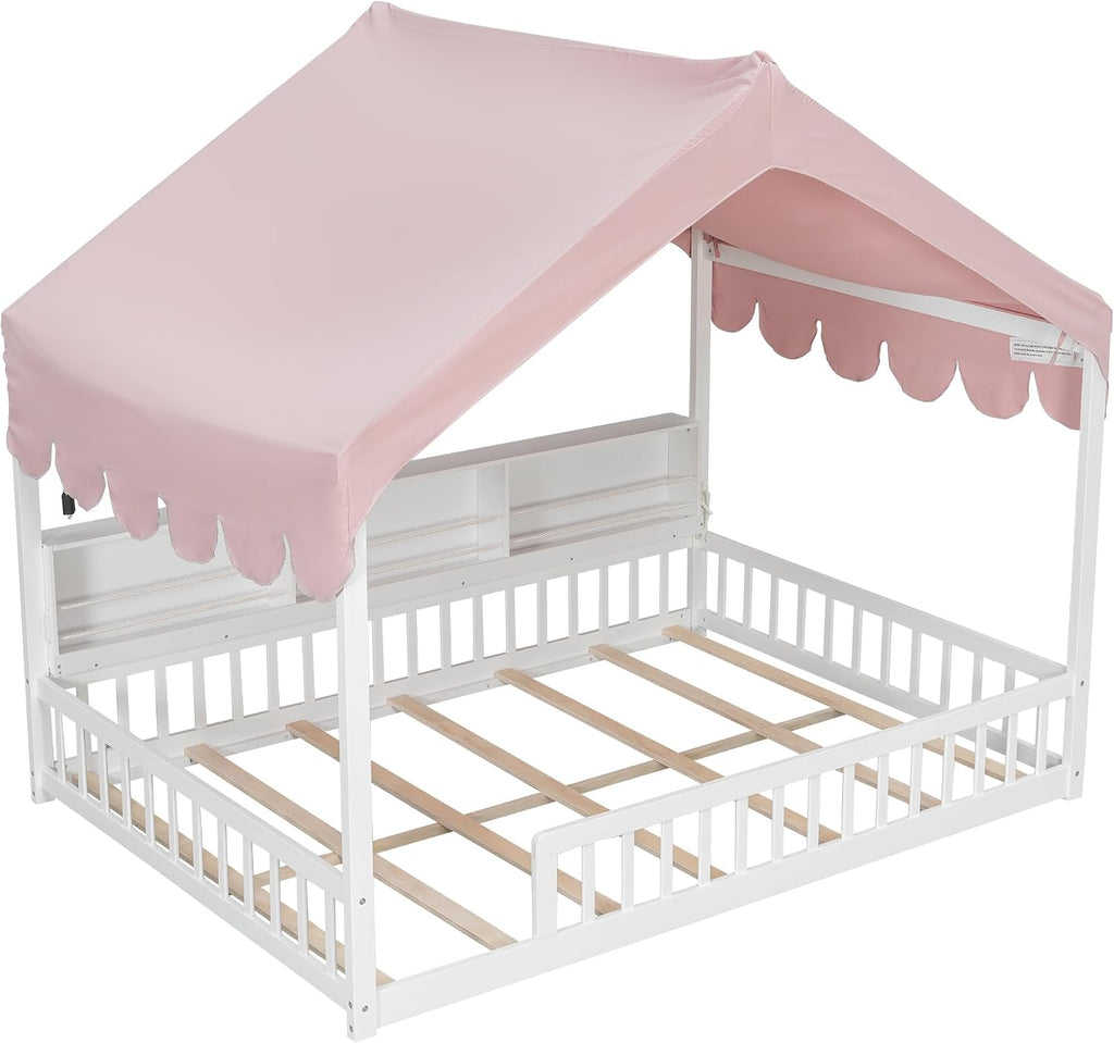 House Floor Bed with Storage Shelves for Kids, Wooden Montessori Floor Bed with Fence, LED Light, and