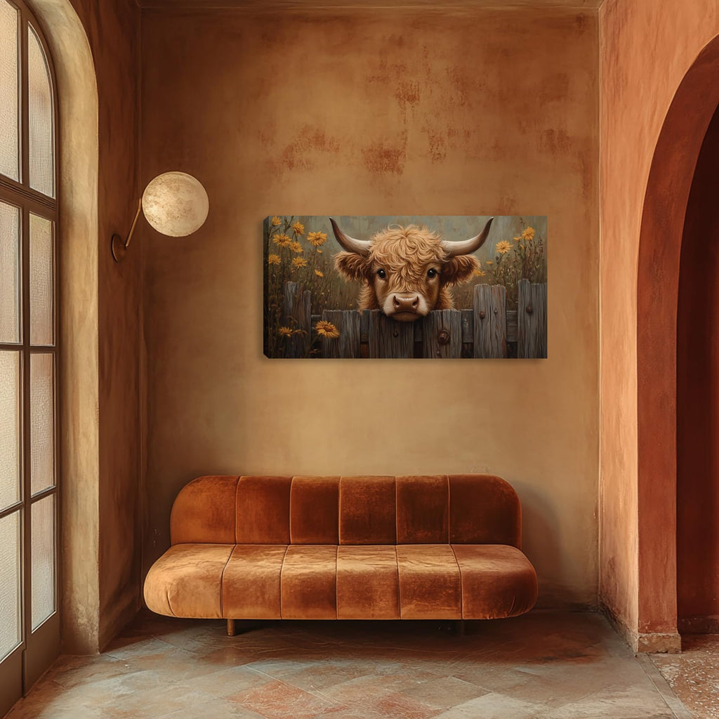 Highland Cow Wall Art Wildflower Canvas Painting Prints Rustic Retro Highland Cattle Wall Decor Artwork Farmhouse