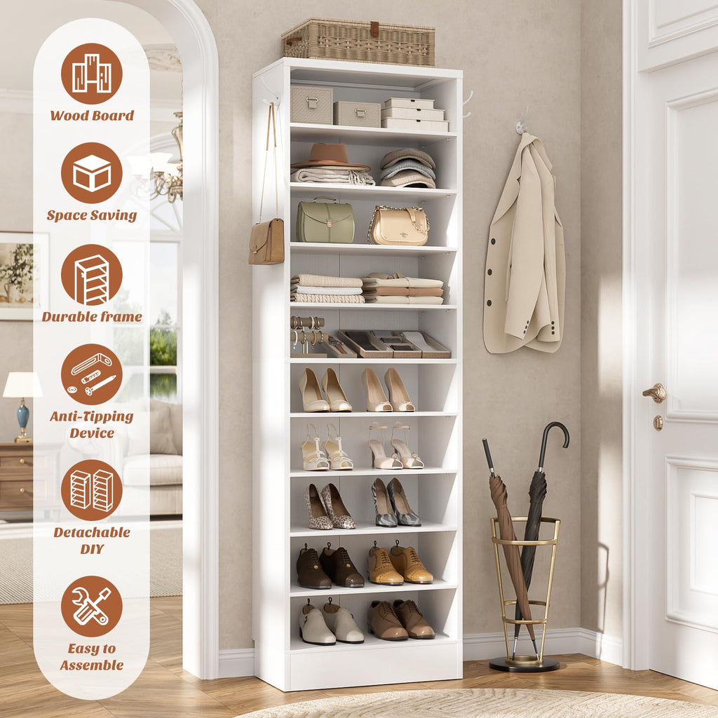 10 TiersTall Shoe Cabinet, Narrow Wood Shoe Rack, 17.7" W, White