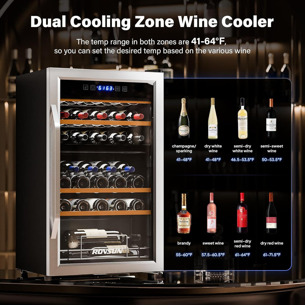 33 Bottle Wine Fridge, Dual Zone Wine and Beverage Refrigerator with Independent
