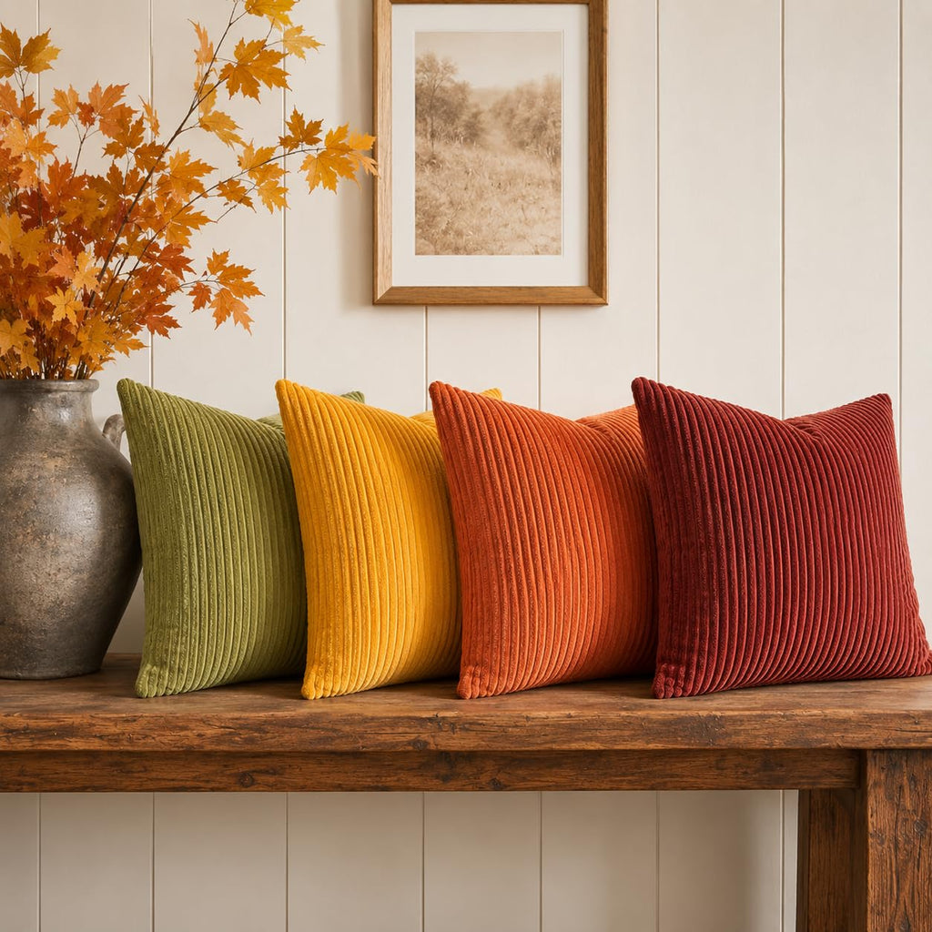 Fall Burnt Orange Decorative Throw Pillows Covers 24x24 Inch Set of 4, Yellow Green Gradient Series Corduroy Striped