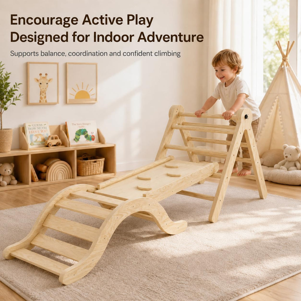 Wooden Toddler Climbing Set Indoor, in-1 Foldable Climber Playset with Triangle Ladder, Arch, Ramp and Slide, Birch