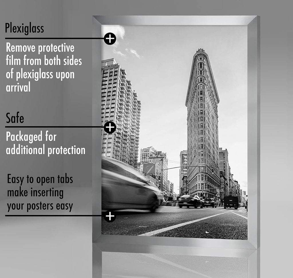 24x36 Poster Frame - Silver Engineered Wood with Polished Plexiglass - Wide Picture Frame for Vertical or Horizontal