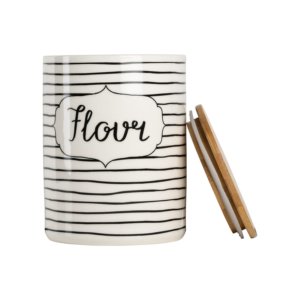 Labeled Ceramic Kitchen Canister Set, Set of 3, Coffee Sugar Flour, White/Black, Bamboo Lids