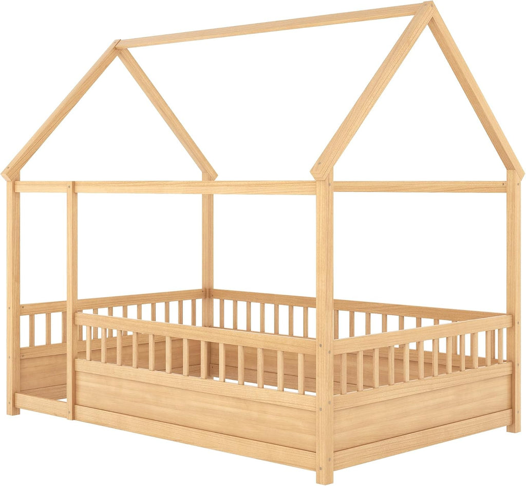 Montessori Floor Bed with High Fence, Roof and Door, Wood Montessori Bed, House Beds for Kids