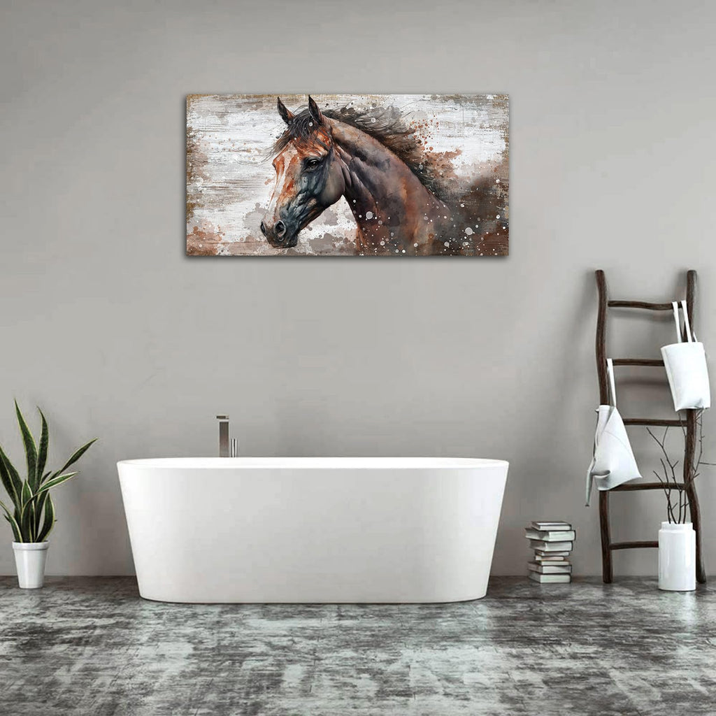Large Horse Canvas Wall Art - Brown Horse Picture for Wall Decor Rustic Wood Plank Effect Canvas Painting Animal