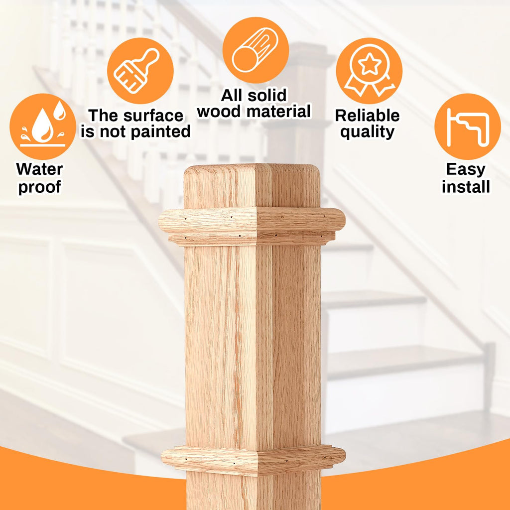 4 Pcs 48 Inch Red Oak Stair Newel Post with 3 1/2" Post and 4 1/2" Pedestal, Wood Box Newel with Pedestal for