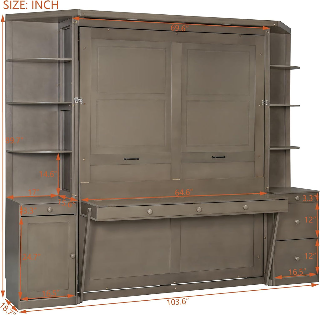 Queen Murphy Bed with Desk and Storage, Hidden Wall Bed with Foldout Workstation, Shelves and Cabinets for