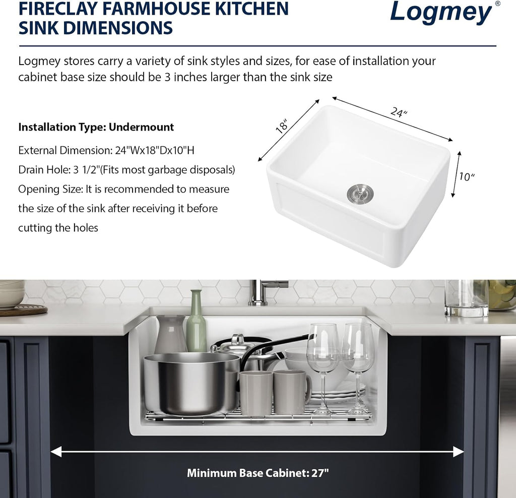24 Inch White Farmhouse Kitchen Sink Apron Front Farm Sink Undermount Fireclay 24 x 18 x 10 Inch Single Bowl Ceramic