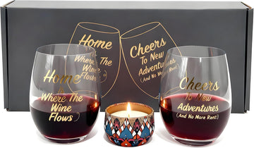Housewarming Wine Glasses with Candle Set Stemless Wine Glass Set as Homeowners, New House,First Home - Set of 2
