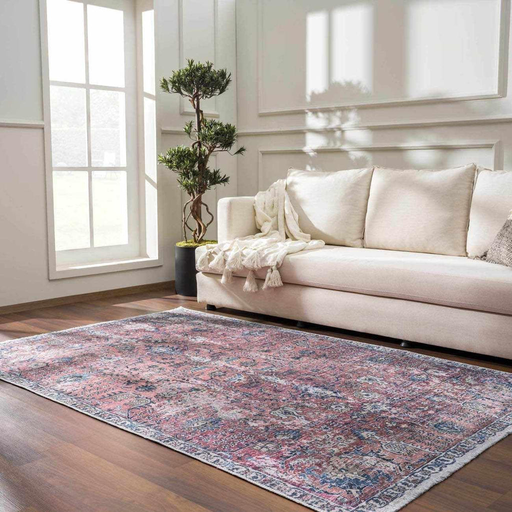 Wentworth Machine Washable Area Rug - Floral Distressed Border Medallion Faded - Traditional Oriental Vintage