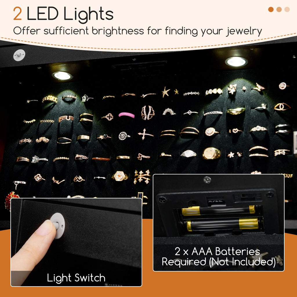 Standing Jewelry Cabinet with Full Length Mirror, 2 LEDs, Lockable