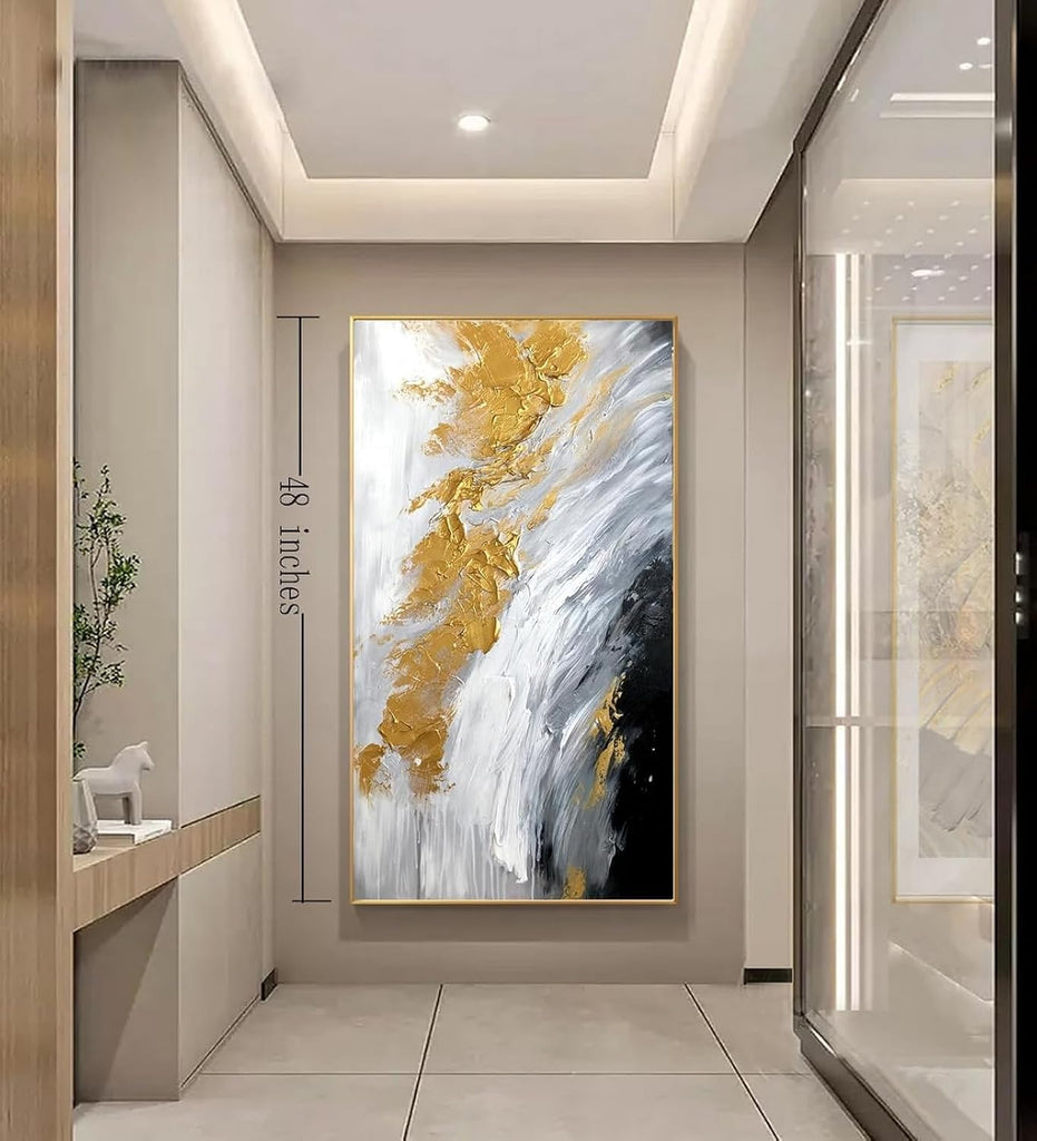 Hand-Painted Black and White Abstract Oil Painting on Canvas for Entrance-Hall, Framed Gold Wall Art ,Large 3D Wall