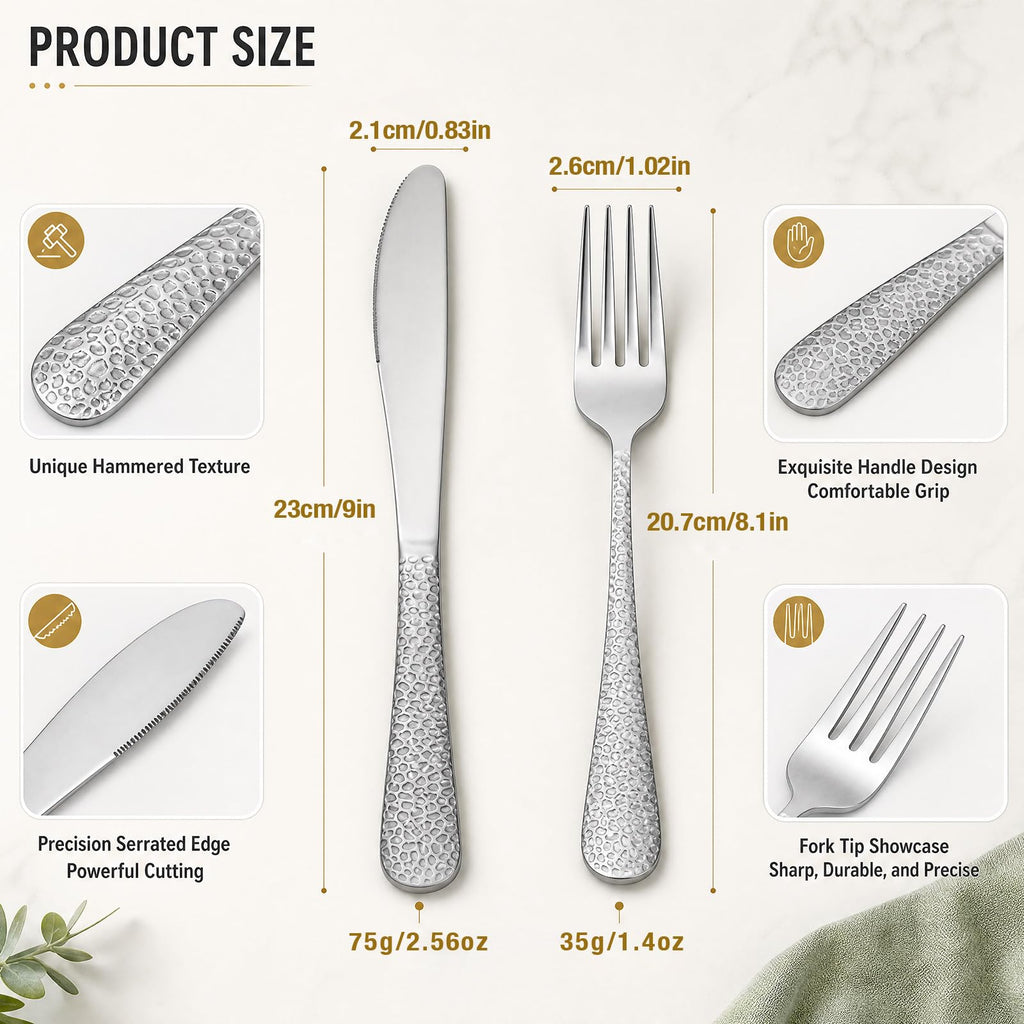 100 Pieces Hammered Silverware Set Stainless Steel Forks and Knives Dinner Flatware Set Tableware Cutlery for Butter