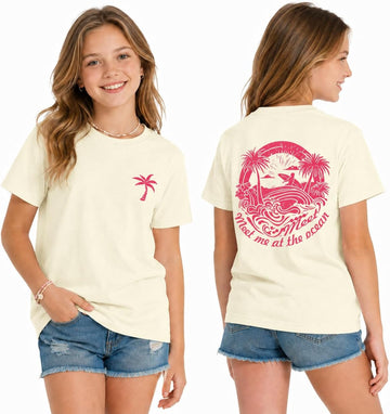 Girls Cute Graphic Tees Kids Hawaiian Beach Shirts Meet Me at The Ocean Shirts Toddler Oversized Tshirt Summer Tops