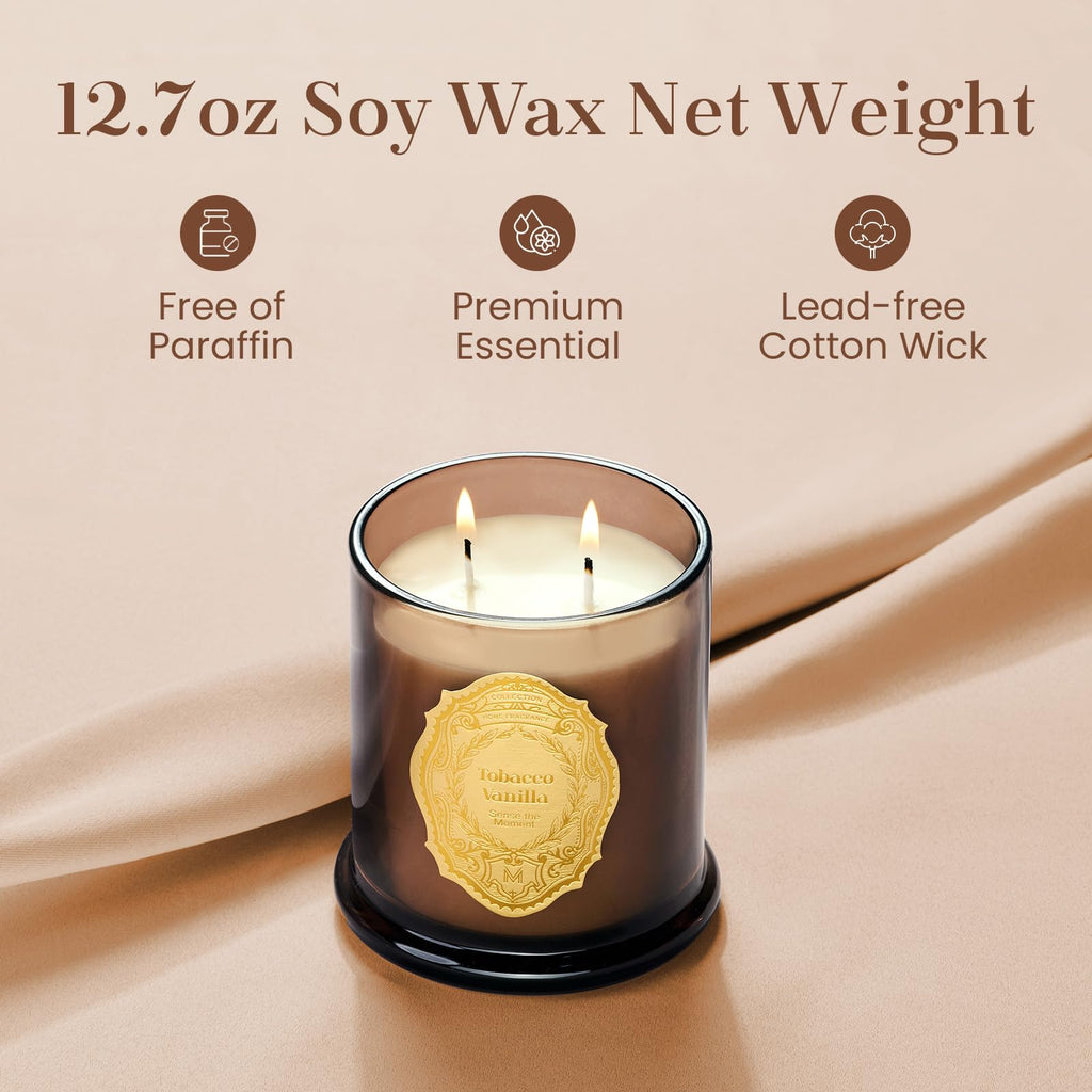 Tobacco Vanilla Candles Scented, 2 Wick 12.7oz Soy Wax Candles 70 Hours Long Burning, Non Toxic Candles Gift for
