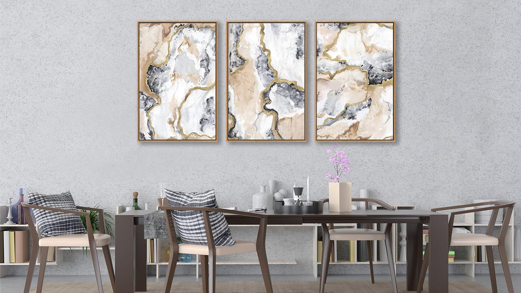 Gray White Gold Framed Wall Art Abstract Marble Canvas Pictures, 48x32in x3