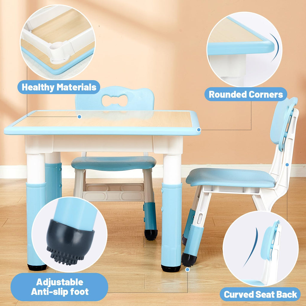 Kids Table and 2 Chairs Set, Height Adjustable Toddler Table and Chair Set for Ages 3-8, Easy to Wipe Arts & Crafts