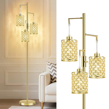 Morden Gold Crystal Floor Lamps, 3-Light Standing Tall Lamp with Elegant K9 Crystal Shade & Rotary Switch, Modern