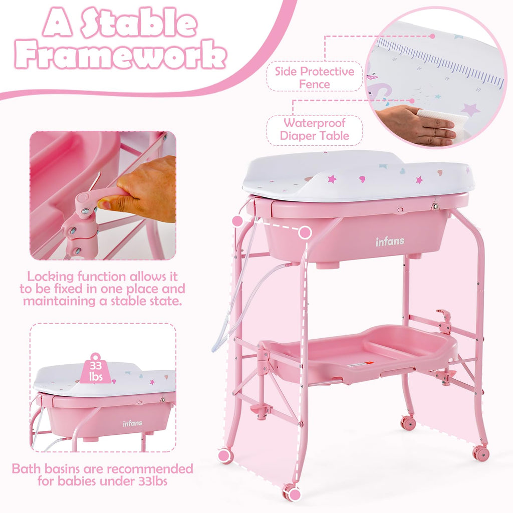 2 in 1 Baby Changing Table with Bath Tub Unit, Folding Diaper Dresser Station with Wheels Waterproof Pad Storage