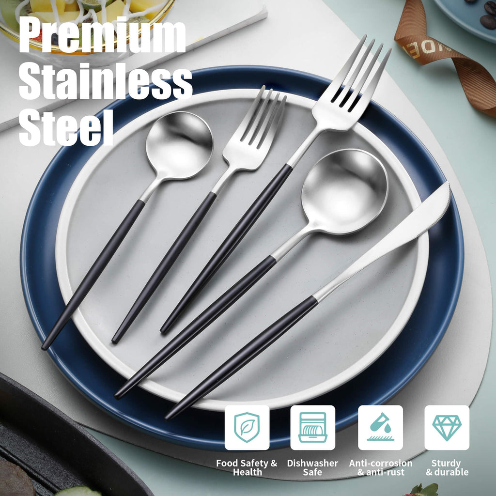 Matte Black Silver Silverware Set for 6,Modern Stainless Steel Brushed Cutlery Set,30-Pieces Heavy Duty Flatware