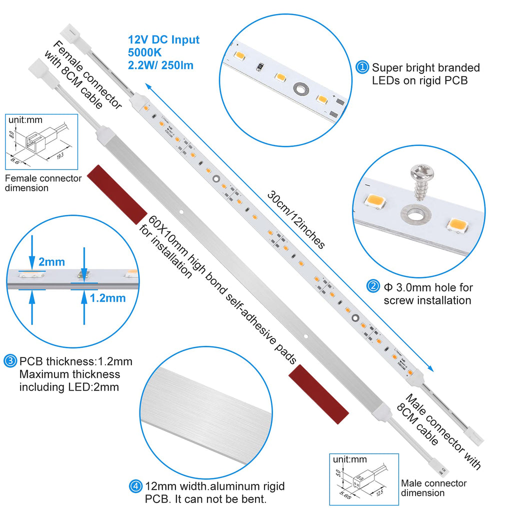Under Cabinet LED Lighting Kit Cabinet Counters Shelf Closet. 6 PCS 12 Inches Light Strip with Adapter Switch Dimmer