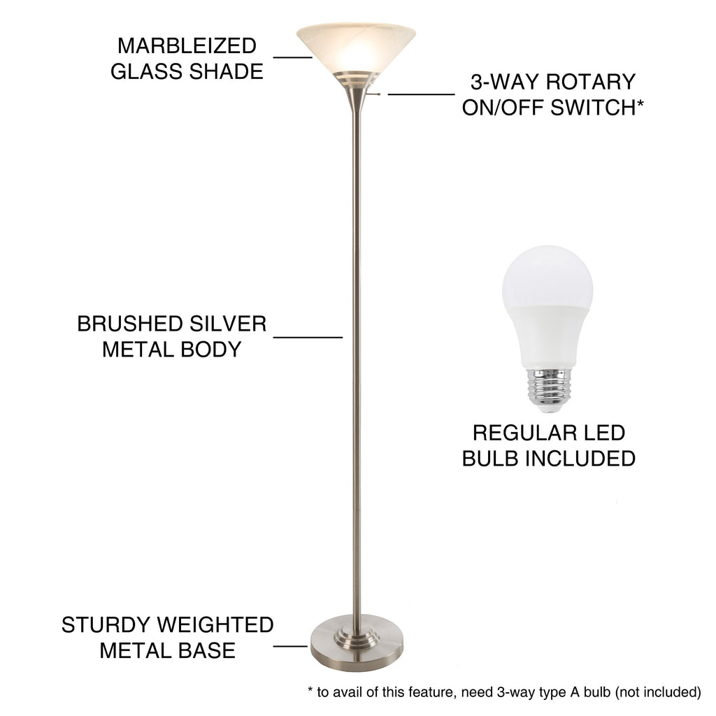 Torchiere Floor Lamp, Brushed Silver, 12.75" x 75.5"