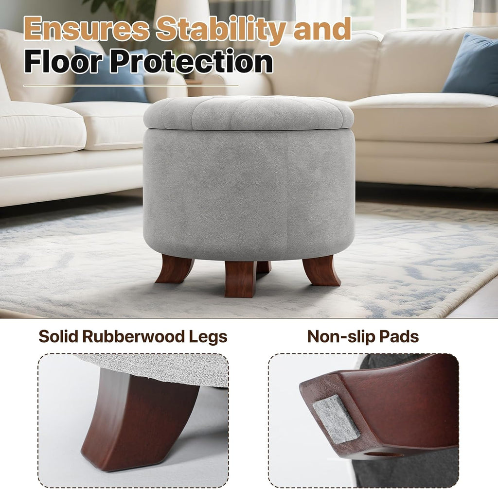 Round Storage Ottoman, 20 Dia. x 17 H Inches, Light Gray | Linen Fabric Tufted Upholstered Ottoman with Legs &