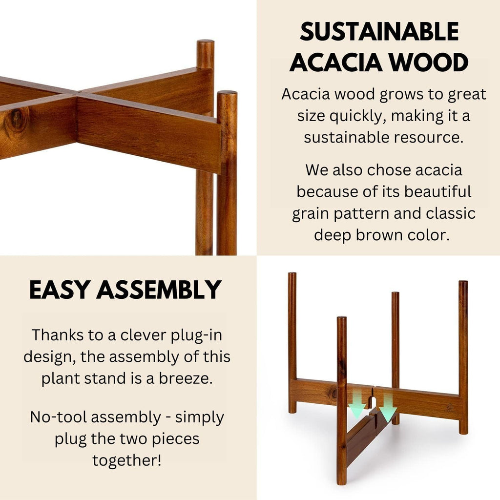Mid Century Plant Stands for Indoor Planters, Acacia, 14.9 Inch | Plug In Design, Holds 200 lbs, Two High Options