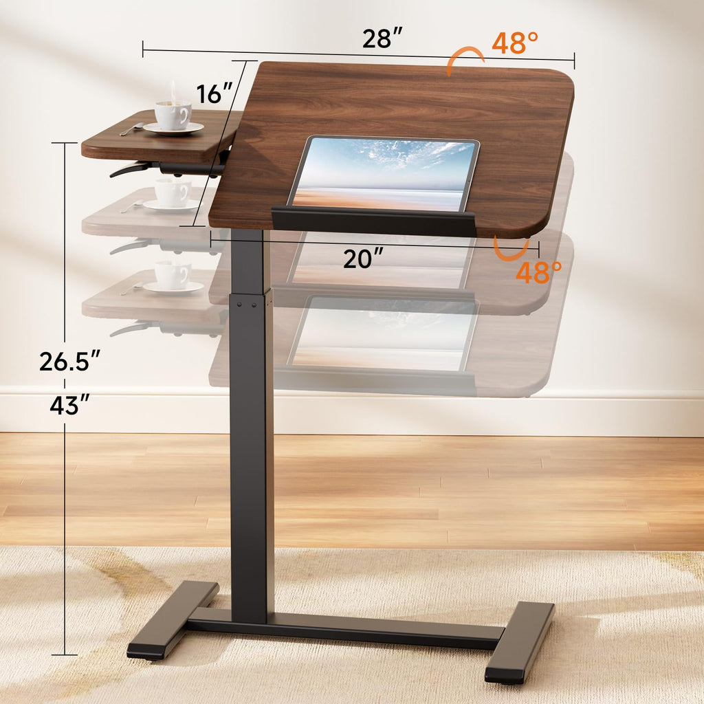 Tiltable Mobile Small Standing Desk, Pneumatic Adjustable Height Overbed Bedside Table with Wheels, Sit Stand