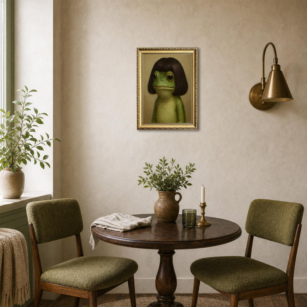 Gold Framed Funny Frog Wall Art, Whimsical Green Frog Wall Decor Painting Cute Animal Poster Canvas Prints Artwork