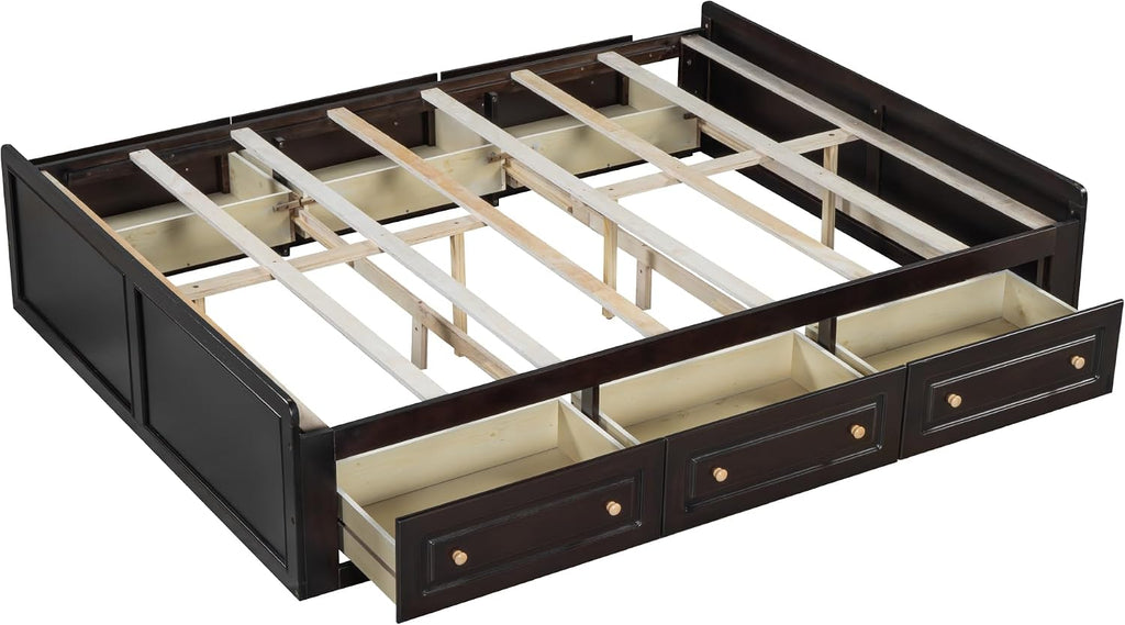 Wood Platform Bed Frame, with 6 Drawers, Floor Wooden Bed Frame Without Headboard, Storage Bed Frame Wood