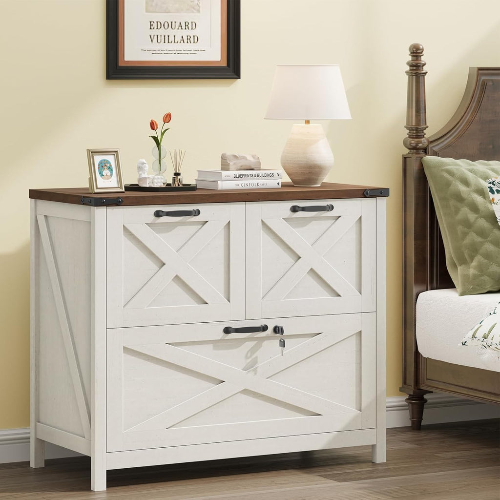 Lateral File Cabinet, Farmhouse Filing Cabinet, Rustic White | 3 Drawer File Cabinet with Lock for Letter/A4/Legal