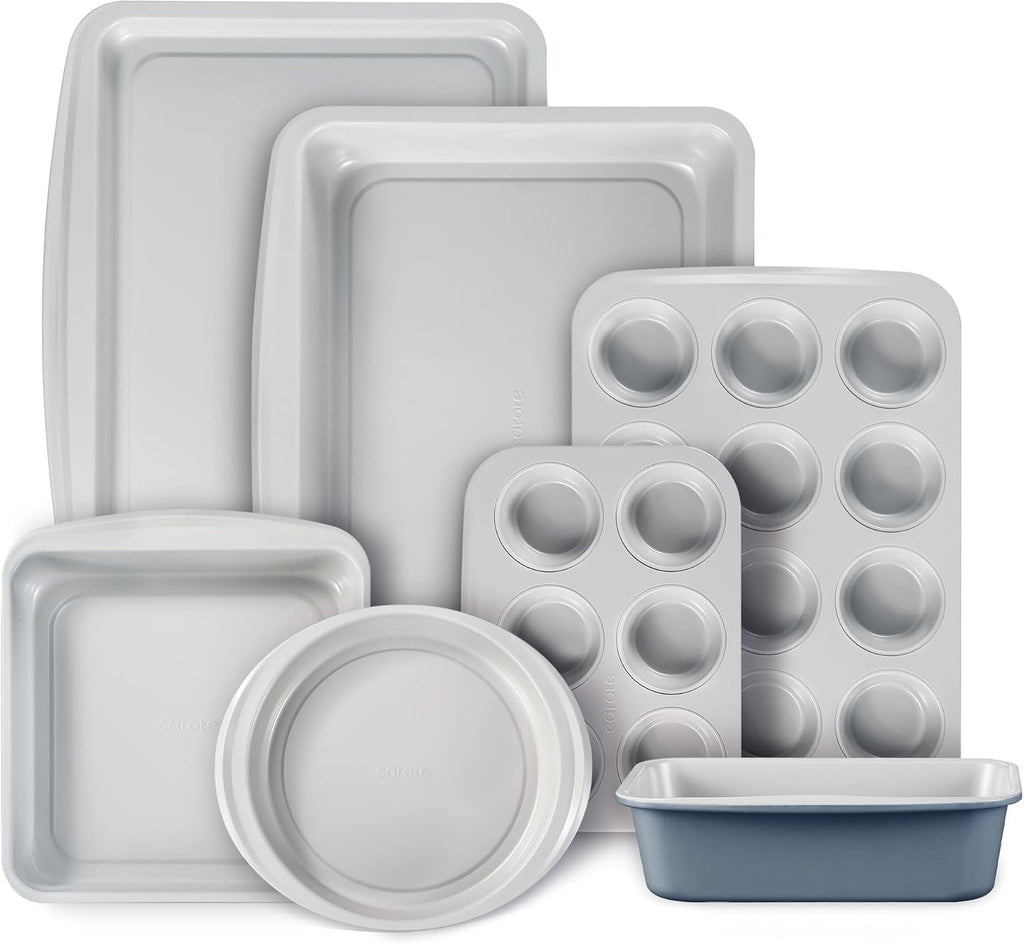 7-Piece Pans Set, Nonstick Bakeware Sets, Gray & Blue | Cookie Sheets, Muffin, Bread, Cake, Loaf, Roasting Pan